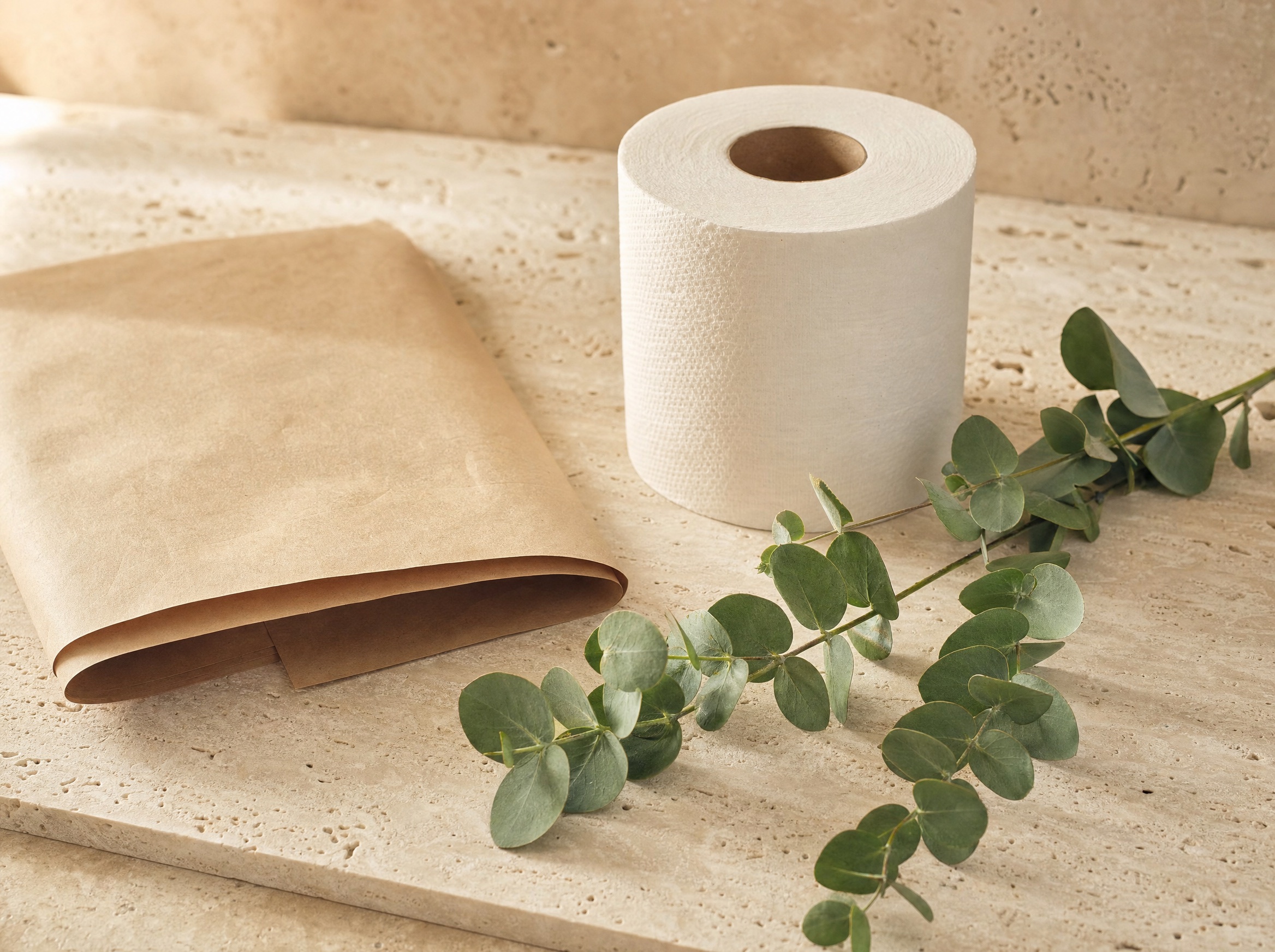 Natural materials — tissue, kraft paper, and a eucalyptus branch