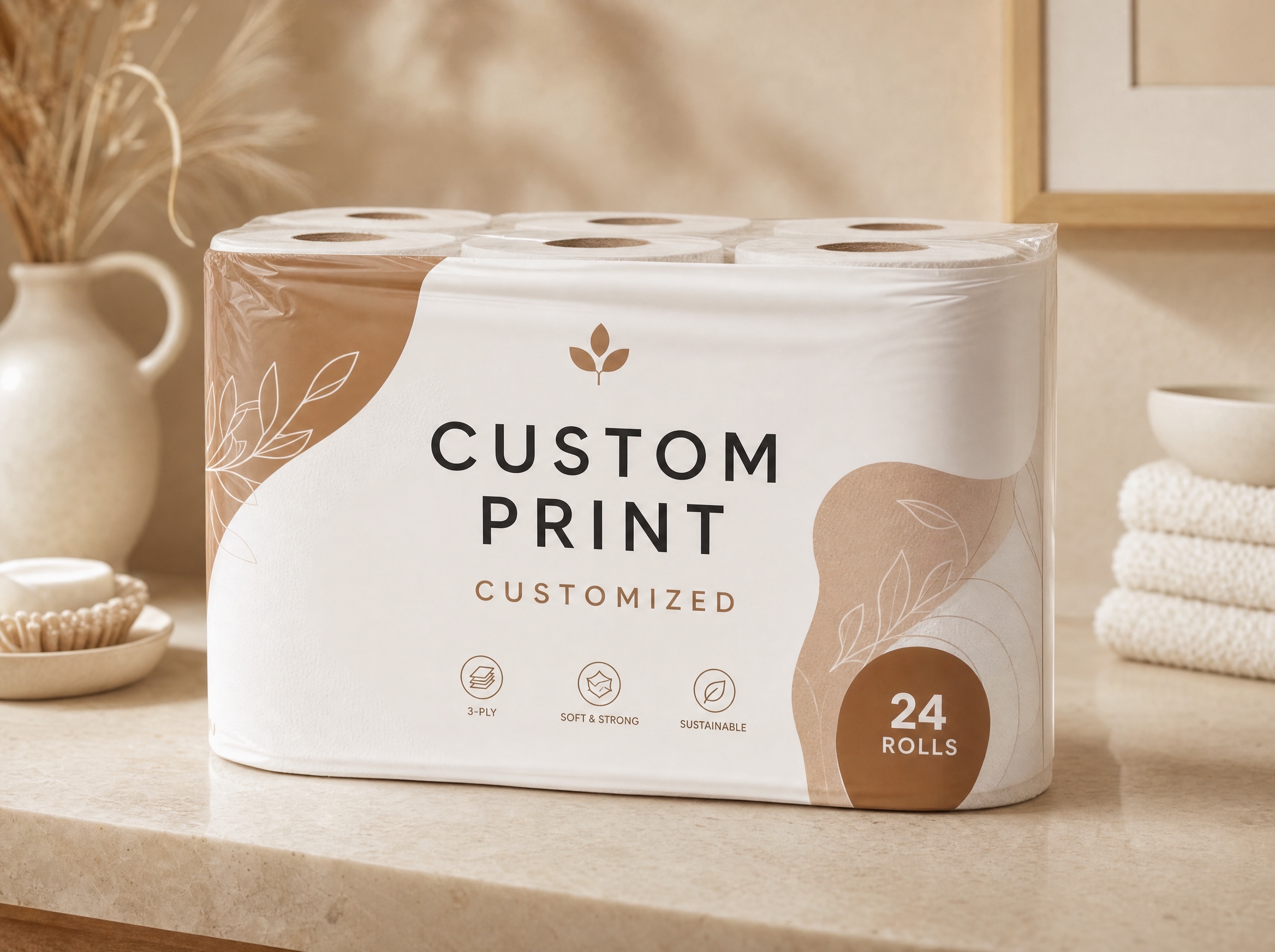 A custom-printed DaisyRoll tissue multipack
