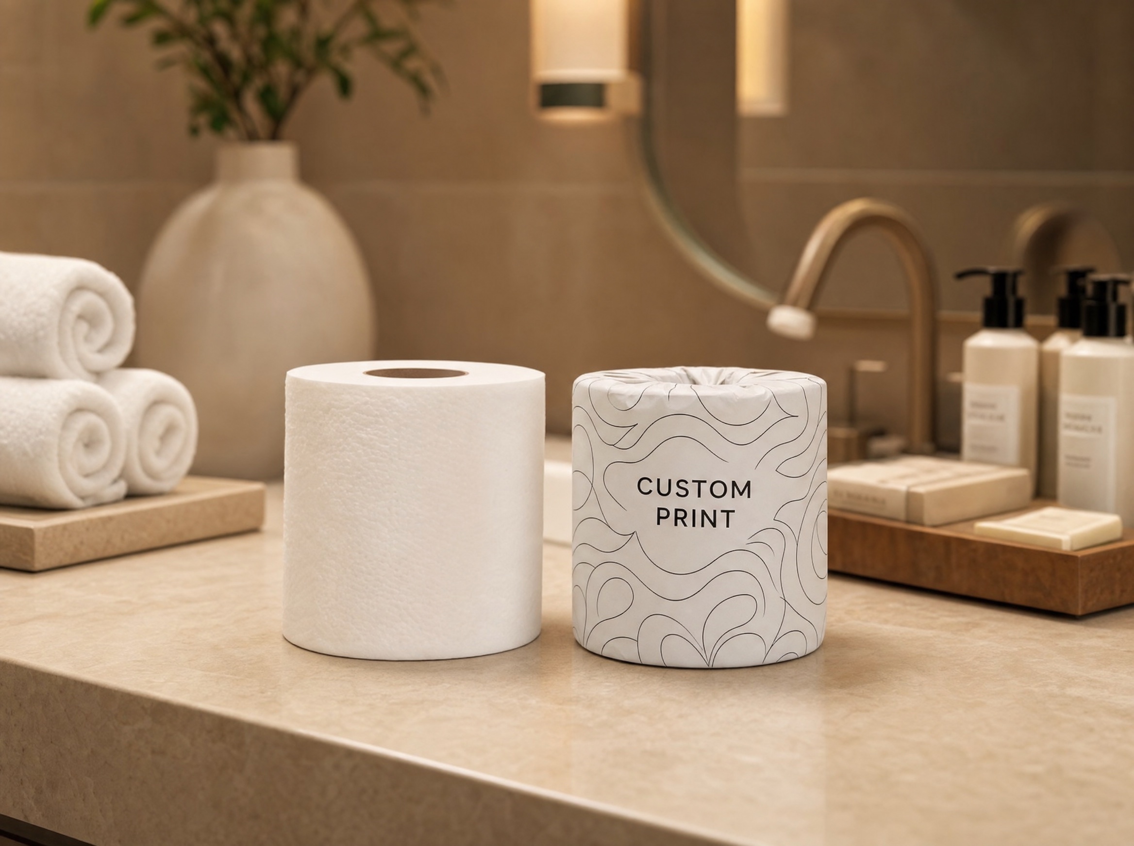 A hotel washroom with a custom-printed DaisyRoll tissue roll