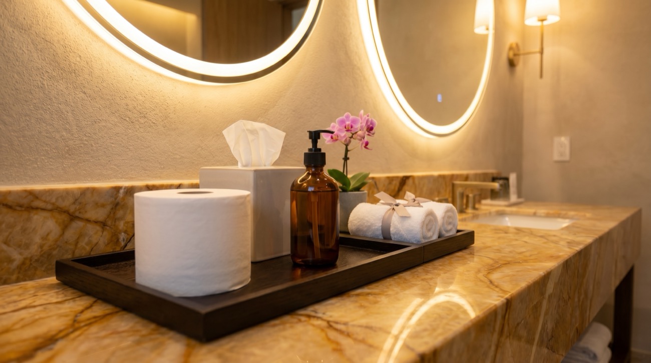 Hotel washroom stocked with DaisyRoll